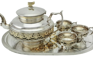 A Silver Enamelled Tea Set in the Russian style by C J Vander, Sheffield 1994 Including a tea...