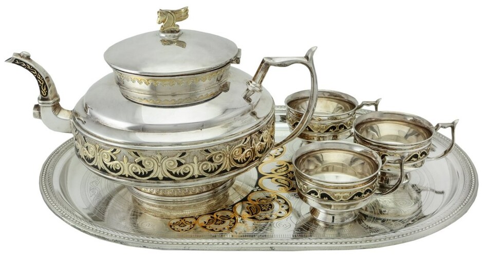 A Silver Enamelled Tea Set in the Russian style by C J Vander, Sheffield 1994 Including a tea...