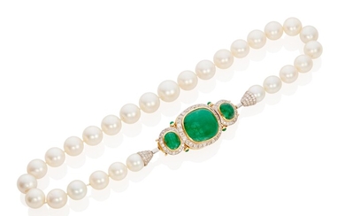 A South Sea cultured pearl, emerald and diamond necklace