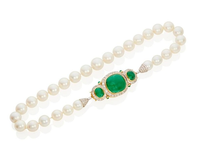 A South Sea cultured pearl, emerald and diamond necklace