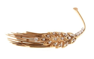 A Textured Diamond Feather Brooch in 14K