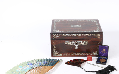 A VICTORIAN ROSEWOOD BOX WITH A SMALL COLLECTION OF WORKS OF ART (QTY).