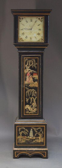 A Victorian Chinoiserie longcase clock by William Flint of Ashford, the plain square hood with glazed door flanked by column supports, the trunk decorated with figural scene, on plinth base, the white painted dial, with Roman and Arabic numeral...