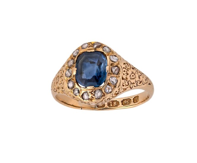 A Victorian, sapphire and diamond ring, centring on a cushion-shaped sapphire framed by rose-cut diamonds, British hallmarks for 18-carat gold Birmingham 1869, ring size O, cased