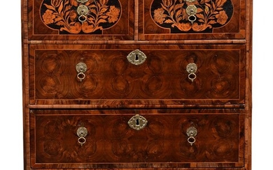 A WILLIAM & MARY OLIVEWOOD OYSTER VENEERED AND MARQUETRY INLAID CHEST OF DRAWERS, CIRCA 1690