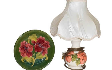 A Walter Moorcroft coral hibiscus lamp and a Walter...