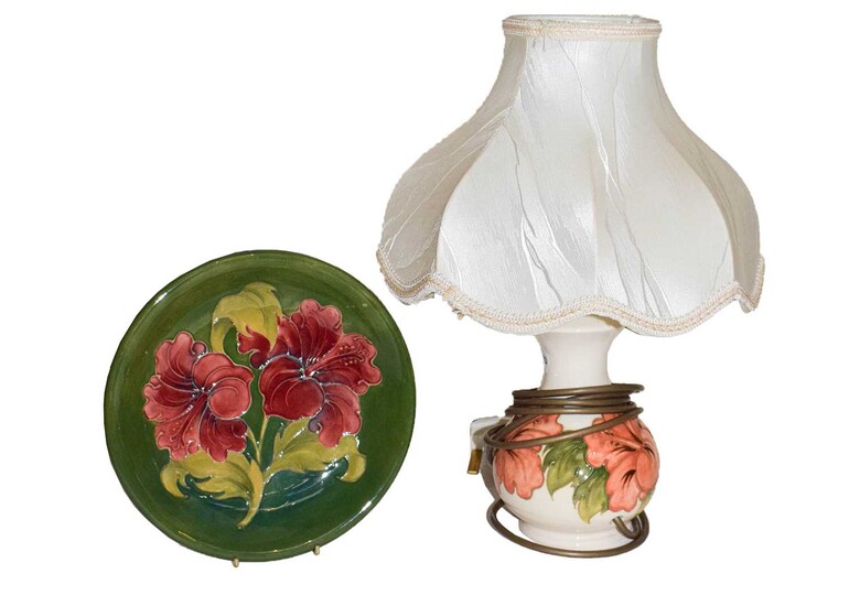 A Walter Moorcroft coral hibiscus lamp and a Walter...