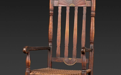 A William and Mary Style Parcel Gilt and Red Painted, Fan-Carved Bannister Back Woven Splint Seat Armchair