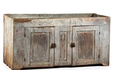 A Zinc-Inset Gray Painted Pine and Poplar Dry Sink