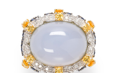 A chalcedony, gemstone and fourteen karat white gold ring