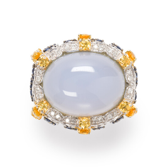A chalcedony, gemstone and fourteen karat white gold ring