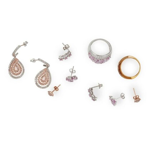 A collection of diamond and pink sapphire jewellery