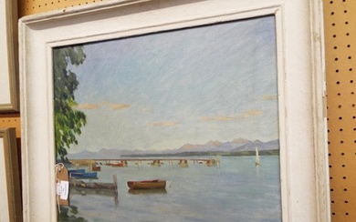 A framed oil painting on canvas depicting a lake scene with ...