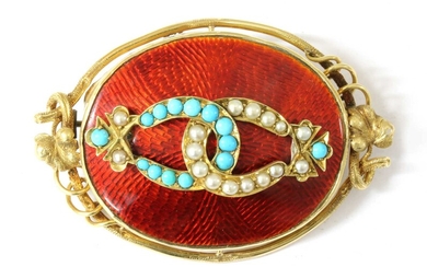 A gold turquoise, split pearl and enamel brooch