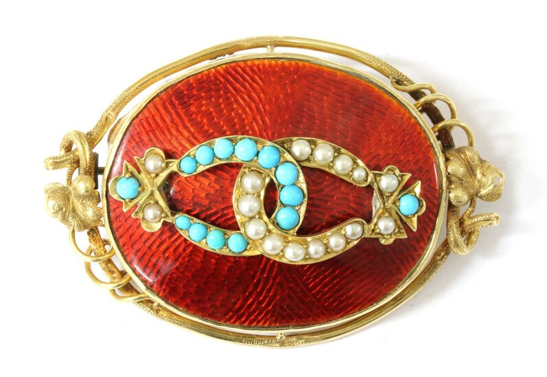 A gold turquoise, split pearl and enamel brooch