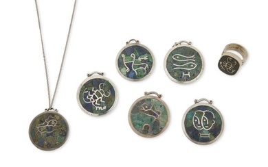 A group of Los Castillo Mexican silver Zodiac jewelry