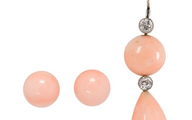 A group of coral, diamond and 14k bi-color gold earrings