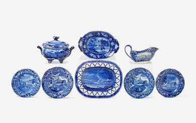 A group of eight Historical Blue Staffordshire tablewares in New York views, various makers