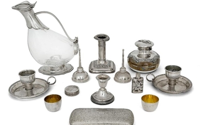A group of silver, white metal and silver plate including: a pair of Asprey silver liqueur tumbler cups, 3.2cm high; a pair of Tiffany & Co. wine funnels, stamped sterling; a circular pill box with personalised engraving and reeded sides, 4.2cm...