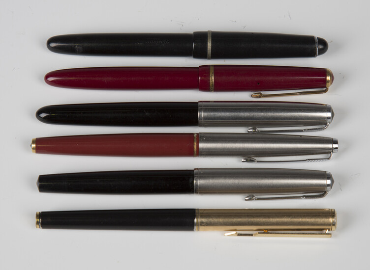 A group of six fountain pens, comprising five Parker pens and an Osmiroid 65, together with two earl