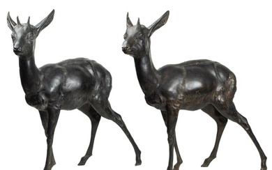 A group of two patinated bronze studies of fawns