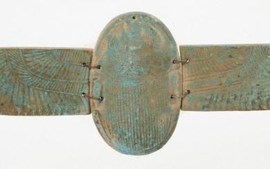 A large Egyptian-style blue faience winged scarab, the separately-made body...