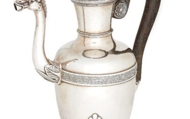 A large Empire-style French silver coffee pot, Paris, 1819-1838, 950 standard, the ovoid body raised on three anthemion and lion paw feet to a curved horsehead spout and wooden handle, the body and hinged lid applied with beaded foliate band...