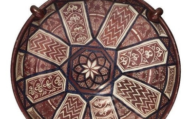 A large Hispano Moresque plate, 19th century, with applied four ring form lugs to the rim, overall decorated with panels of geometric panelling, on scrolling panel grounds, with central foliate motif, 48cm diameter