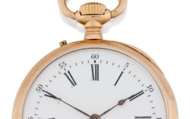 A late 19th century gold fob watch and watch chain, c. 1850 the open-face keyless lever fob watch with white enamel dial, Roman black numerals, subsidiary seconds and outer minute chapter, keyless wind lever movement, the case back engine-turned...