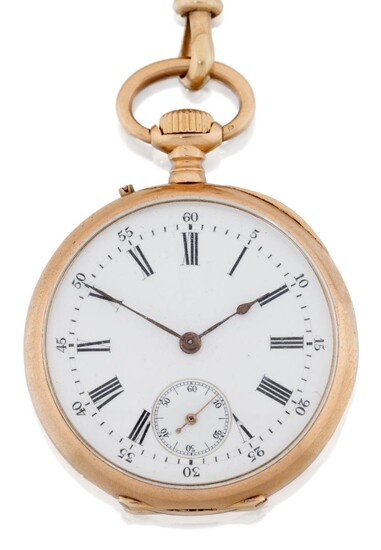 A late 19th century gold fob watch and watch chain, c. 1850 the open-face keyless lever fob watch with white enamel dial, Roman black numerals, subsidiary seconds and outer minute chapter, keyless wind lever movement, the case back engine-turned...