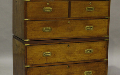 A late 19th century mahogany and brass bound campaign chest of two short and three long drawers, hei