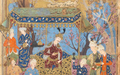 A leaf from an illustrated manuscript, depicting a prince enthroned, surrounded by courtiers and musicians, Persia, 16th Century
