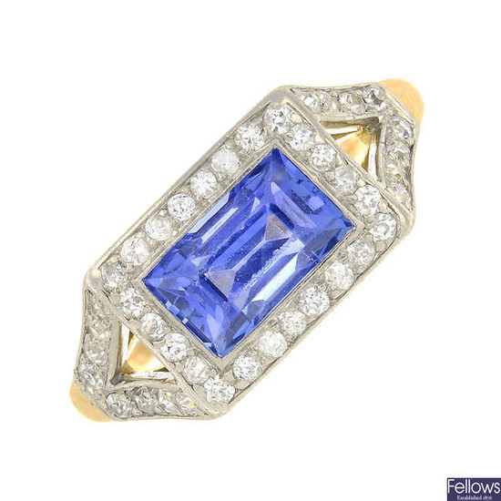 A mid 20th century 14ct gold and platinum, sapphire and circular-cut diamond dress ring.