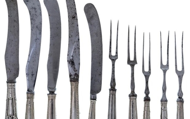 A mixed group of 18th century silver-handled flatware comprising five knives and five two-tined forks, not matching, four of the knives and four forks with decorative pistol grip handles, some with crests or monograms (10)