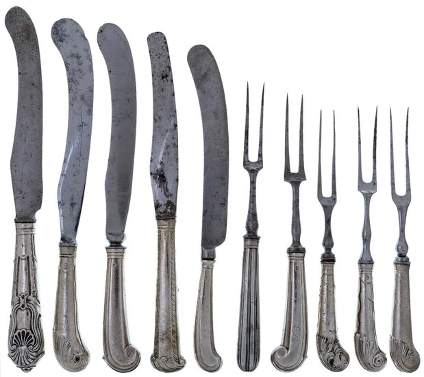 A mixed group of 18th century silver-handled flatware comprising five knives and five two-tined forks, not matching, four of the knives and four forks with decorative pistol grip handles, some with crests or monograms (10)