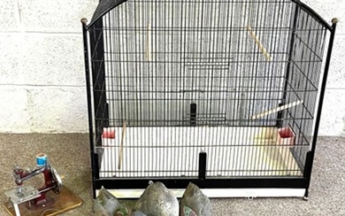 A modern large wirework bird cage, together with some modern Duck decoys and an small button