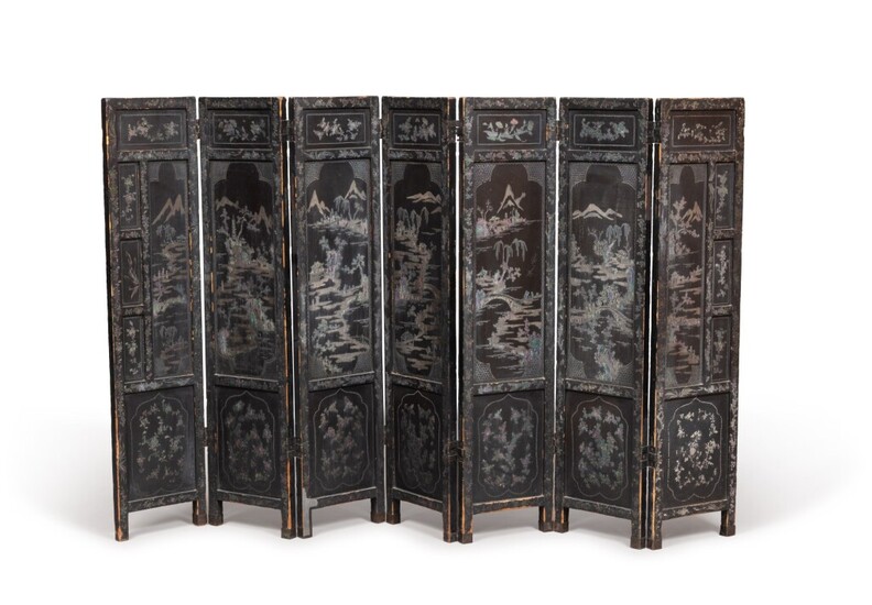 A mother of pearl and black lacquer screen, chinese, 18th century | Paravent chinois, en laque burgauté, XVIIIeme siècle
