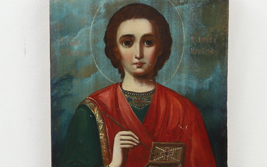 A painted wooden icon of Saint Panteleimon the All-Merciful, Russia, 19th century.