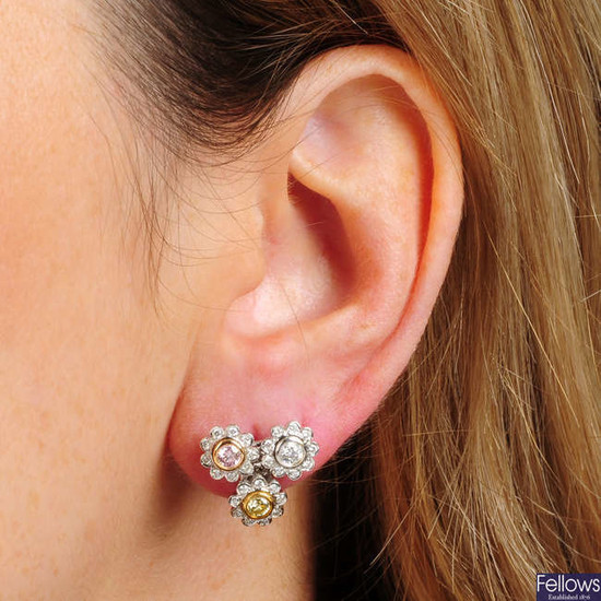 A pair of 18ct gold brilliant-cut 'pink', 'yellow' and near-colourless diamond floral cluster earrings.