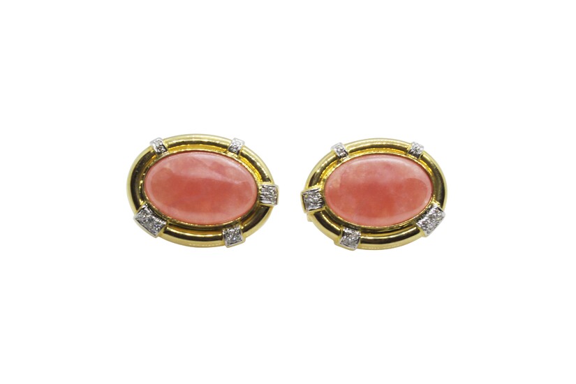 A pair of 18k gold earrings with rose quartz with diamonds