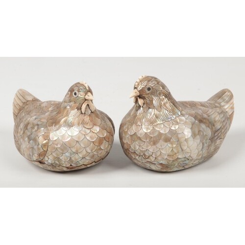 A pair of 19th century Chinese mother of pearl and ivory hen...