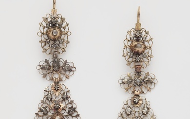 A pair of Flemish red gold filigree silver and diamond Baroque style earrings.
