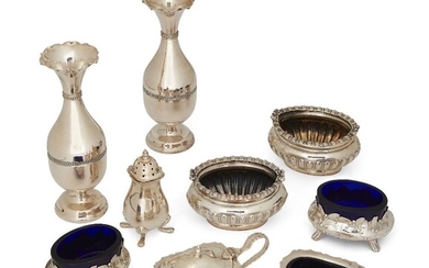 A pair of French mistletoe design salts, 950 standard, 1838-1973, the blue glass liners possibly associated, together with two small posy vases, stamped 925, 13cm high; two Walker & Hall silver salt cellars, Sheffield, 1901, (liners deficient); and...