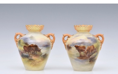 A pair of Royal Worcester porcelain highland cattle painted ...