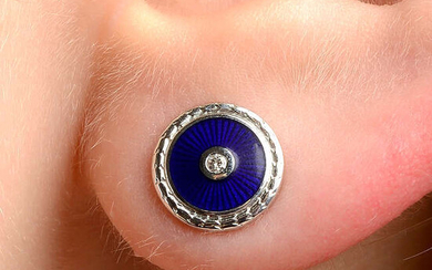 A pair of diamond and blue enamel earrings, by Fabergé.