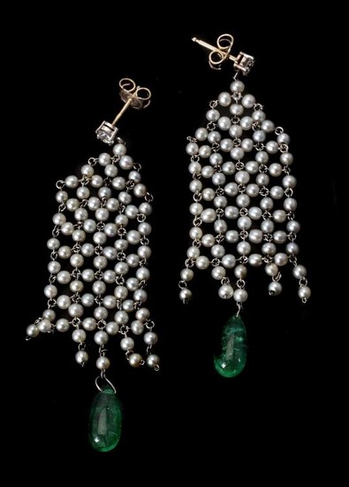 A pair of diamond, pearl and emerald ear pendants