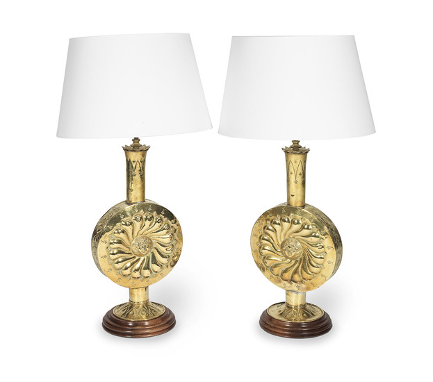 A pair of early 20th Century Continental repousse brass vase table lamps
