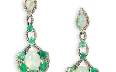 A pair of emerald, opal and diamond pendant earrings