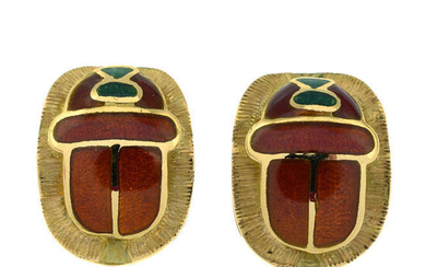 A pair of enamel scarab earrings.