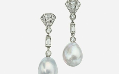 A pair of natural pearl and diamond drop earrings